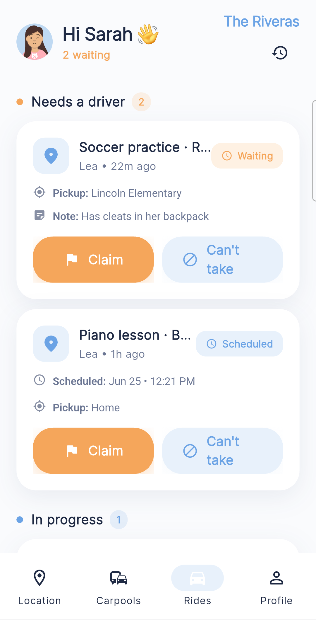 Kinly rides — request claimed by a trusted driver